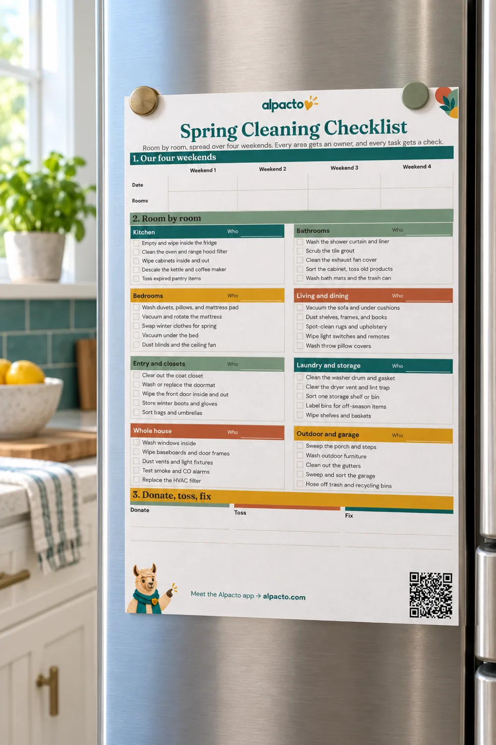 Spring cleaning checklist on a stainless fridge door, held by two magnets, next to a kitchen window