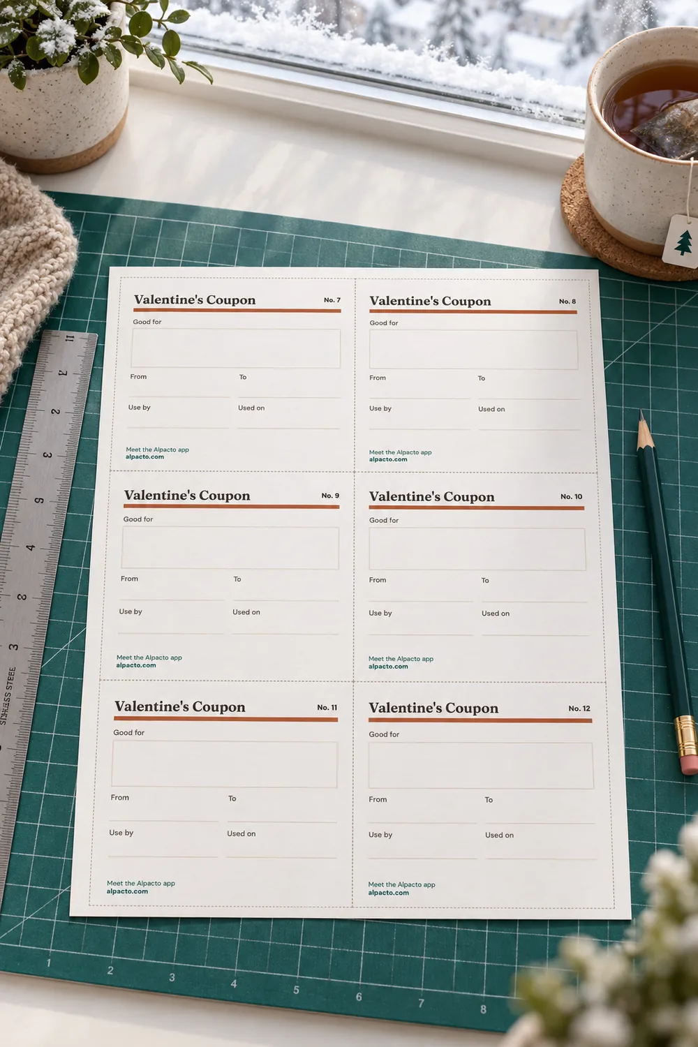Page three of the Valentine's Day coupon book, six blank coupons No. 7 to No. 12, on a cutting mat by a snowy window, minimal design.