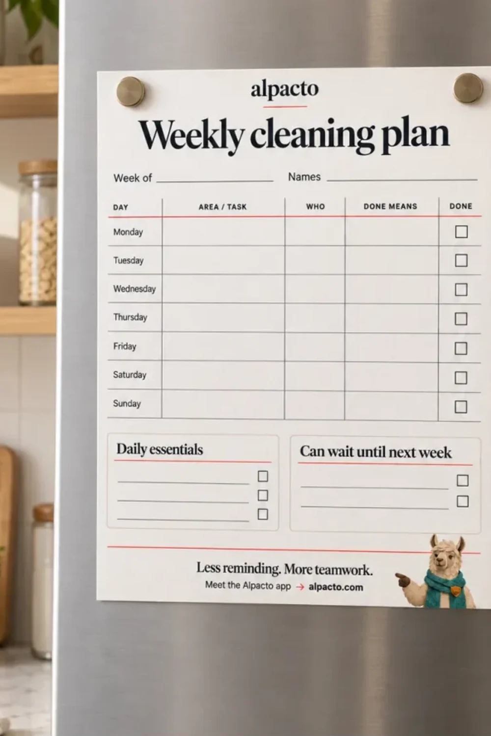A blank printable weekly cleaning schedule held to the fridge door with magnets