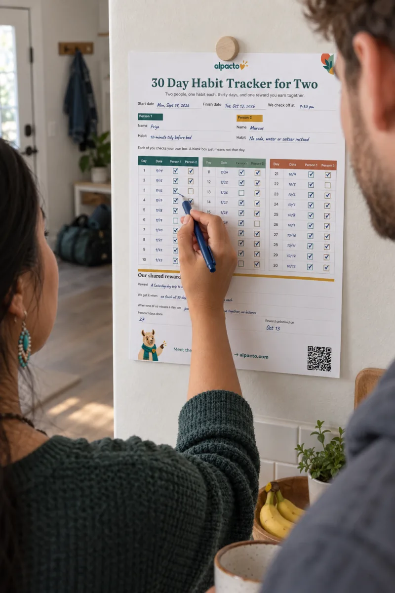 An accountability partner pair at home: she checks her own box on a 30 Day Habit Tracker for Two pinned to the wall while he watches