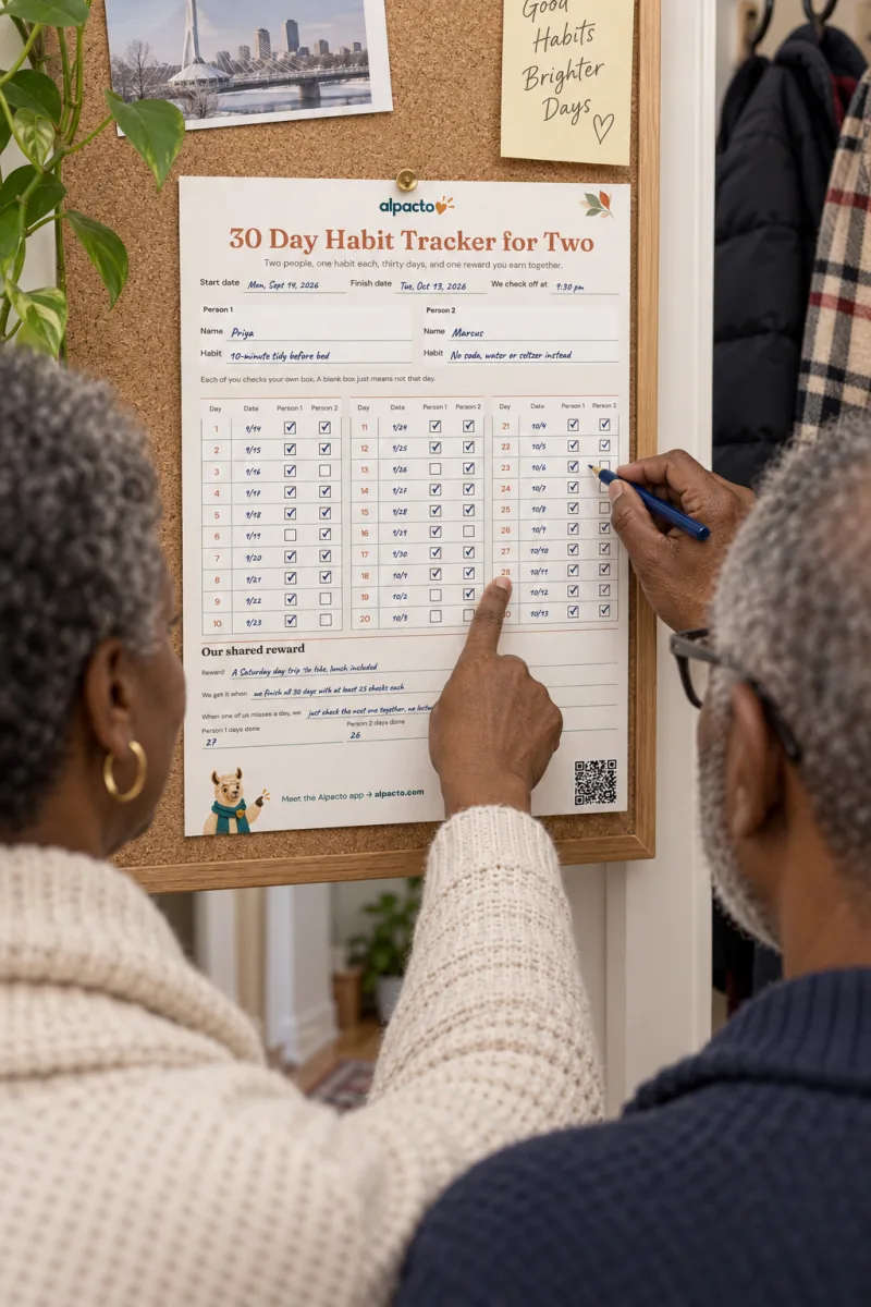An older couple at a cork board, one checking a box on a filled-in habit tracker for two while the other points at the sheet