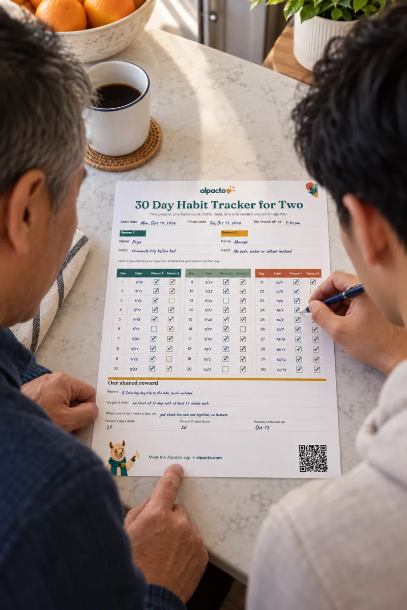 A father and his adult son at a breakfast bar, the son checking his box on a shared habit tracker