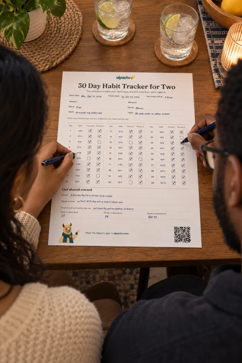 A couple at a dining table, each checking a box in their own column of the filled-in tracker