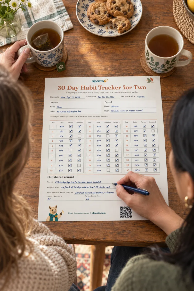 A woman fills in the shared reward lines of a completed 30 day habit tracker for two at a kitchen table, two cups of tea nearby