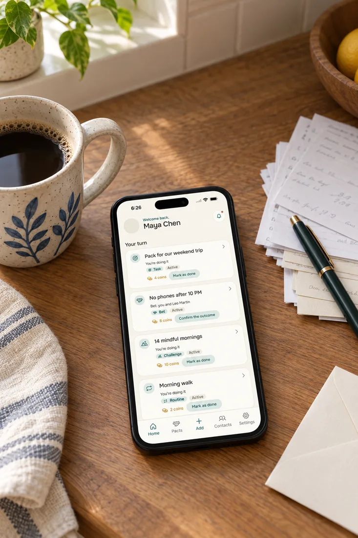 60/40 split calculator for couples: a stack of paper bills, a pen and a phone with the Alpacto home screen on a kitchen table
