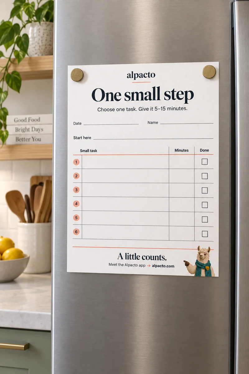 ADHD cleaning checklist: the blank One small step sheet held by magnets on a steel fridge door