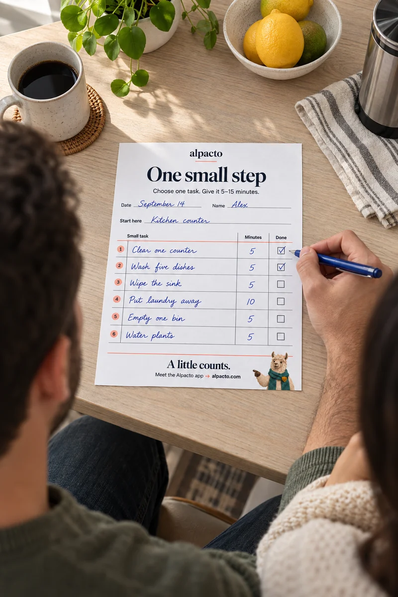 Two people at a kitchen table with a filled-in One small step sheet, two rows ticked