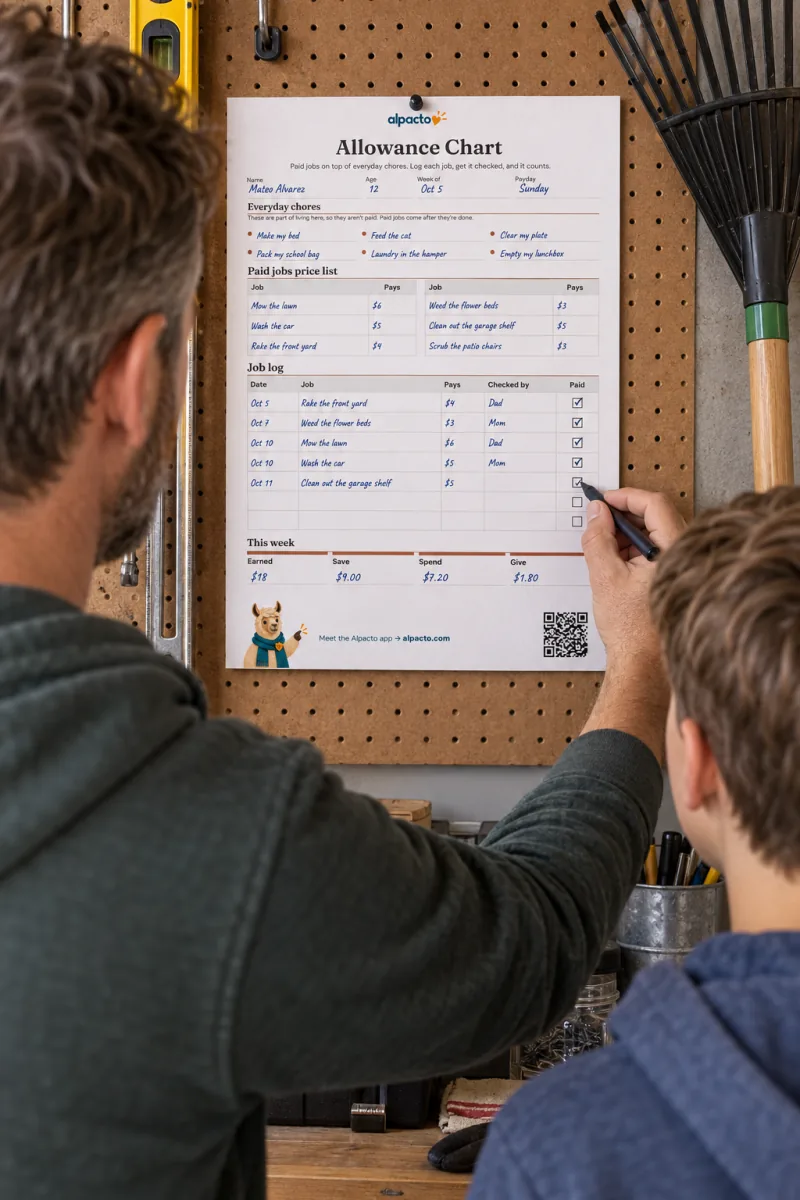 A father and his son at a garage pegboard, ticking the Paid box on the paid-jobs allowance chart
