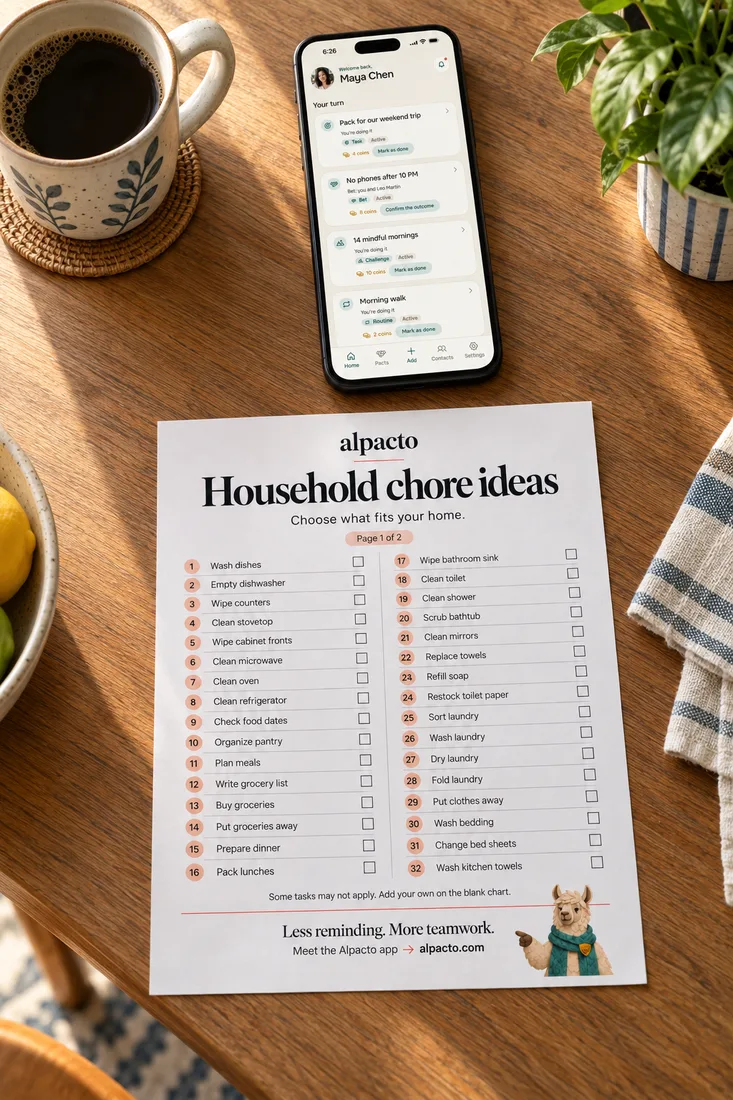 Best couple apps compared with paper: a phone with the Alpacto app beside a printed list of household chore ideas on a kitchen table