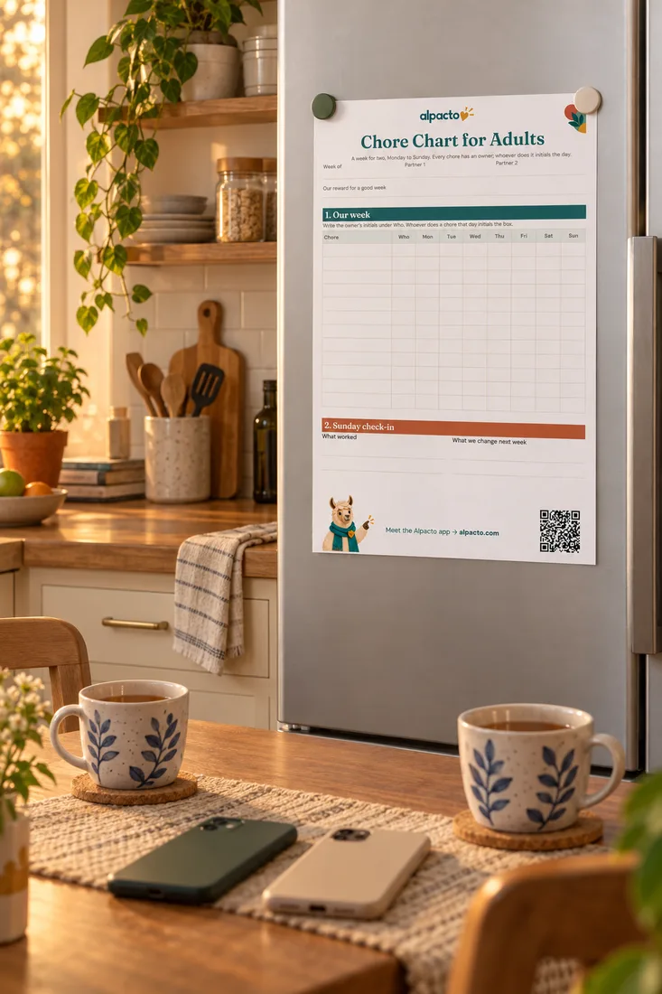 Choosing the best chore app for couples: a blank Chore Chart for Adults on the fridge, two cups of tea and two phones face down on the table