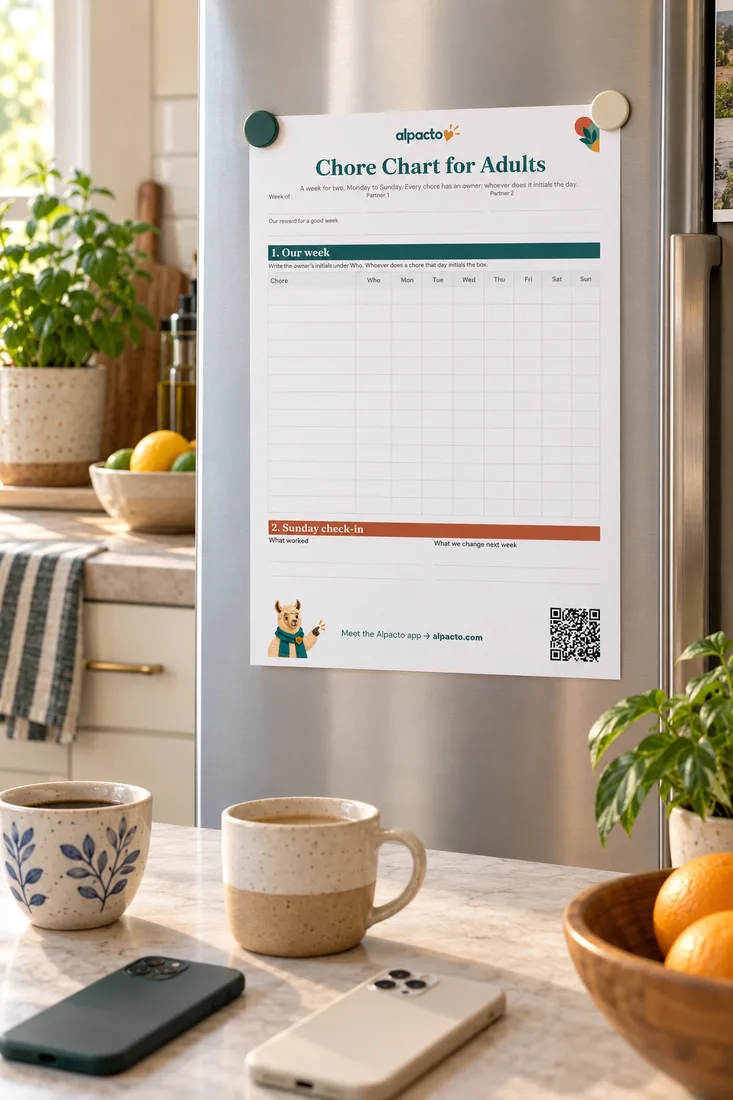Choosing the best chore app for roommates: a blank Chore Chart for Adults on a shared fridge, with two mugs and two phones face down on the counter