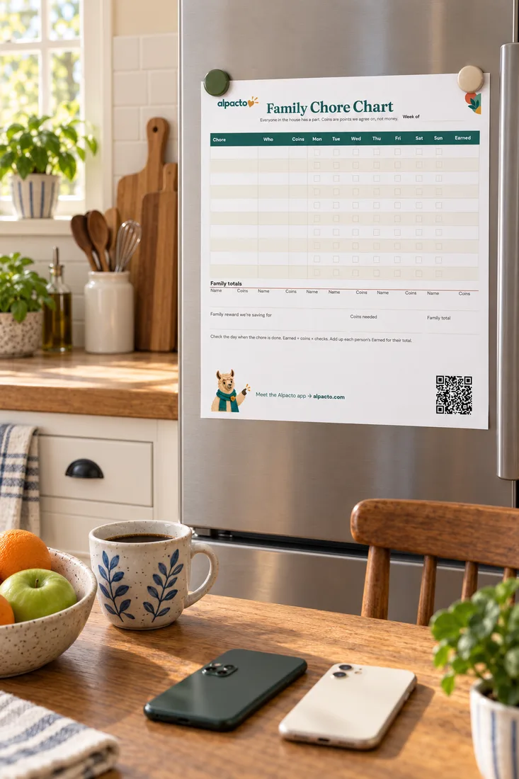 Choosing the best chore app for families: a blank family chore chart on the fridge and two phones face down on the kitchen table