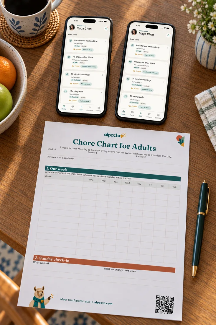 Choosing a chore app: two phones with the Alpacto app beside a blank Chore Chart for Adults on a kitchen table