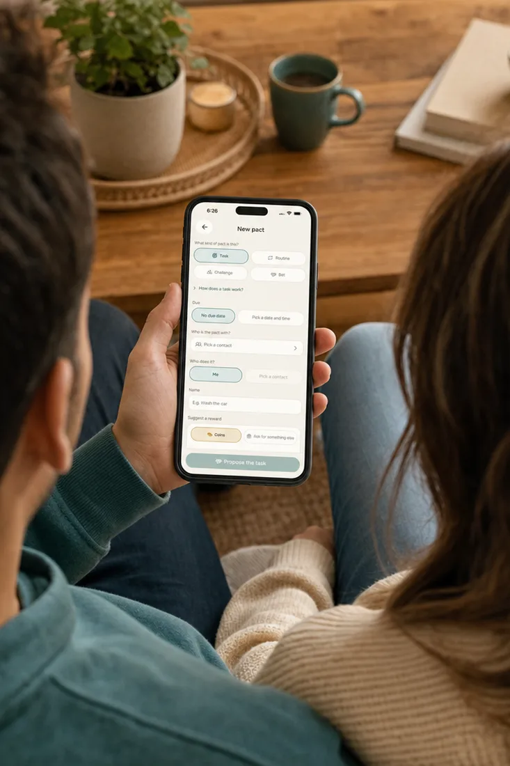 Apps for couples: two partners on a sofa looking at one phone with the Alpacto new pact screen