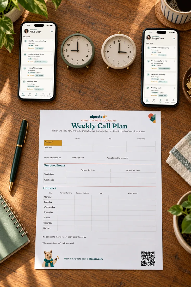 Two phones and two clocks set to 9:00 and 3:00 around a blank long distance weekly call plan