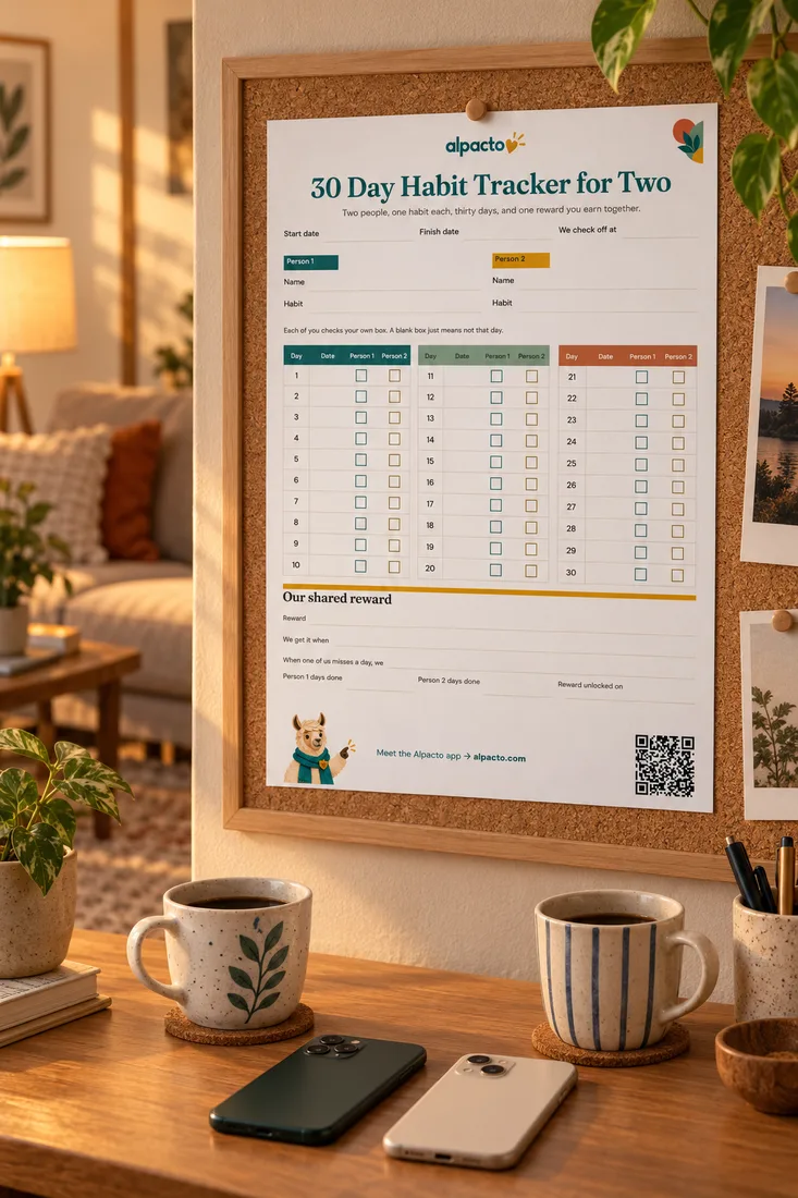 Choosing the best habit tracker app for couples: a printed 30-day habit tracker for two on a corkboard above a desk, with two mugs and two phones face down