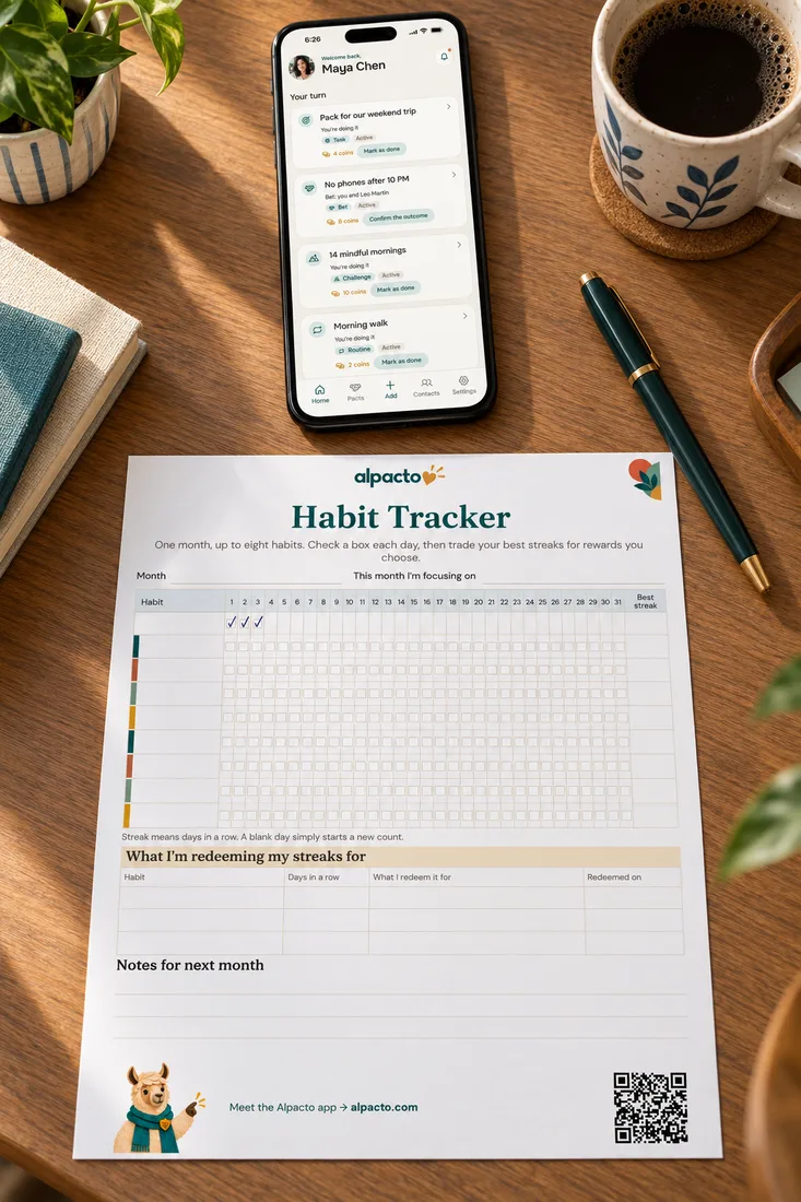 An app for tracking habits next to paper: a phone with the Alpacto app beside a Habit Tracker sheet with the first three days checked