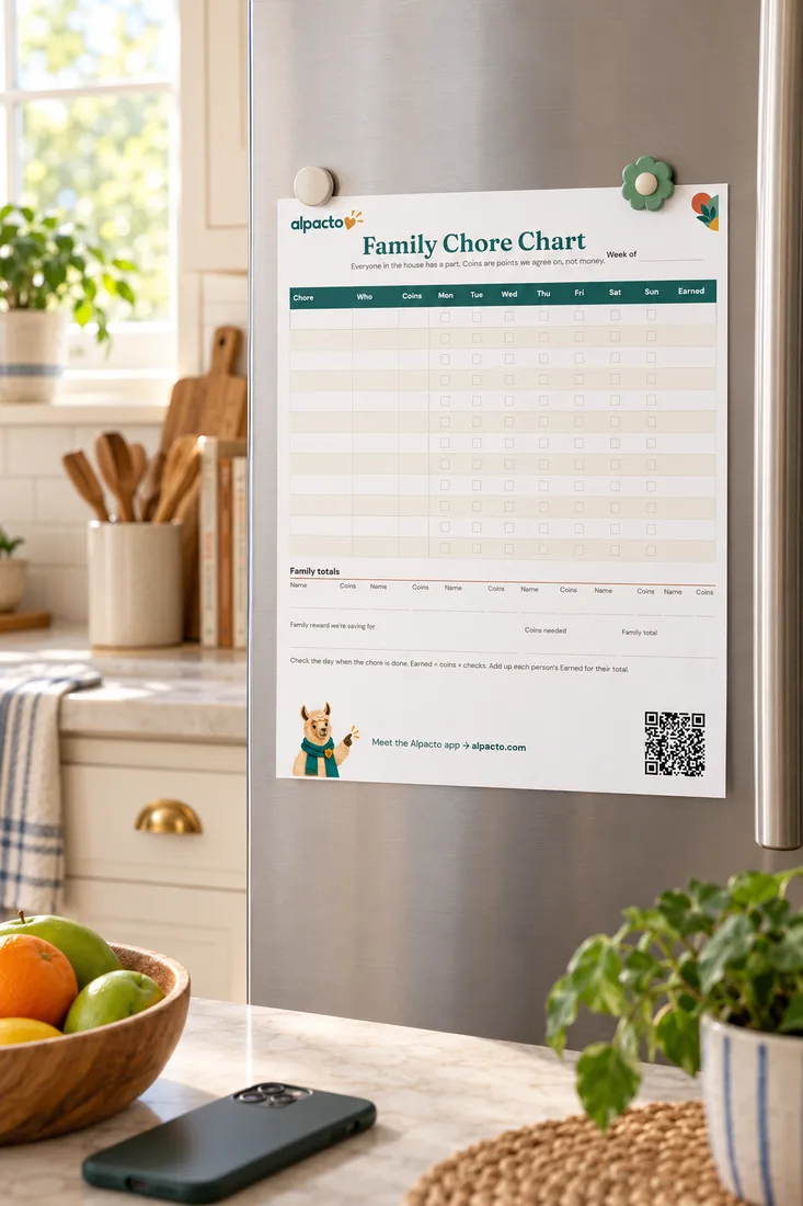Choosing the best reward chart app for kids: a blank Family Chore Chart on the fridge and a phone face down beside a bowl of fruit
