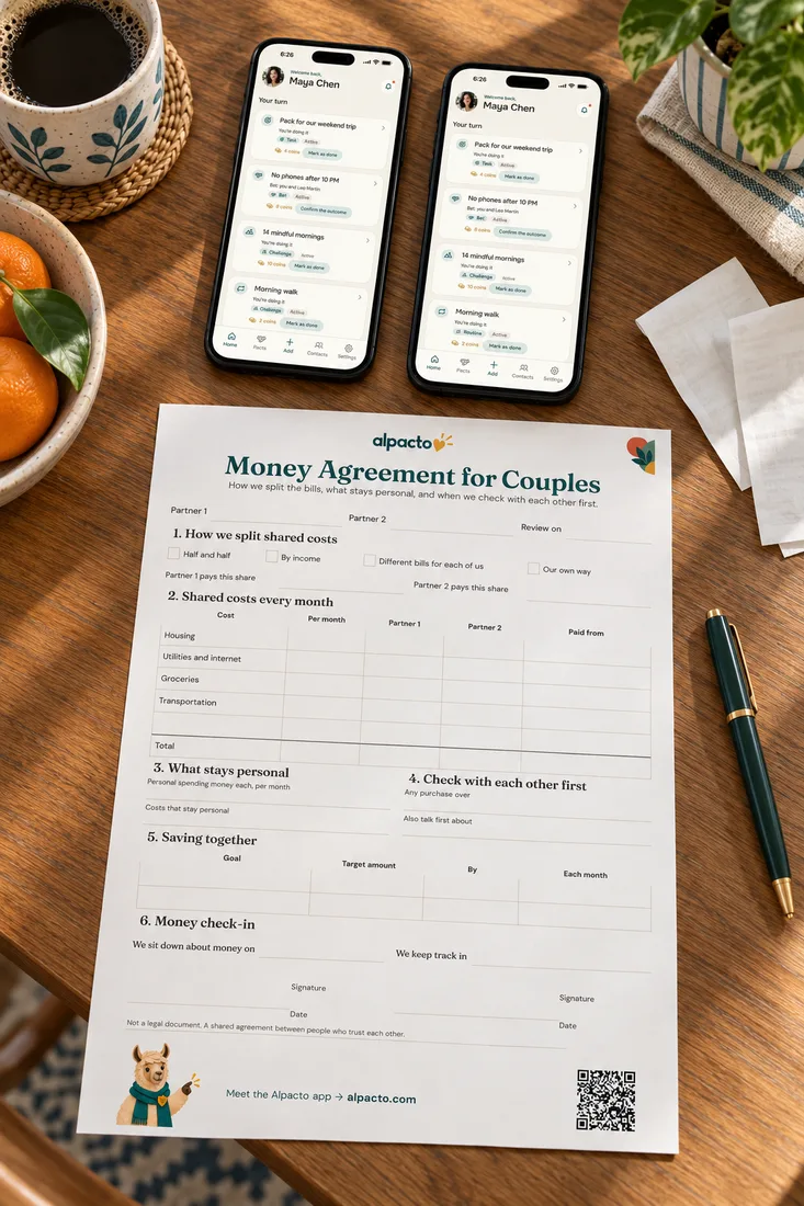 A budget app for couples next to paper: two phones with the Alpacto app beside a blank Money Agreement for Couples sheet