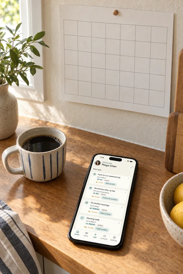 Cupla app cost compared: a blank paper wall calendar above a kitchen counter, a phone with the Alpacto home screen and a cup of coffee