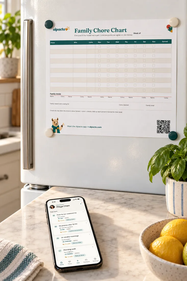 An app for sharing family calendar entries next to paper: a Family Chore Chart on the fridge and a phone with the Alpacto app on the counter