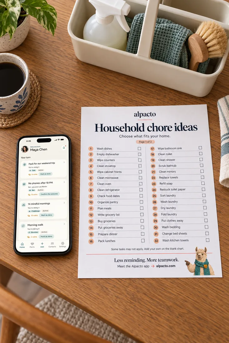Nipto vs Tody: a cleaning caddy, the printable Household chore ideas sheet and a phone with the Alpacto home screen on a kitchen table