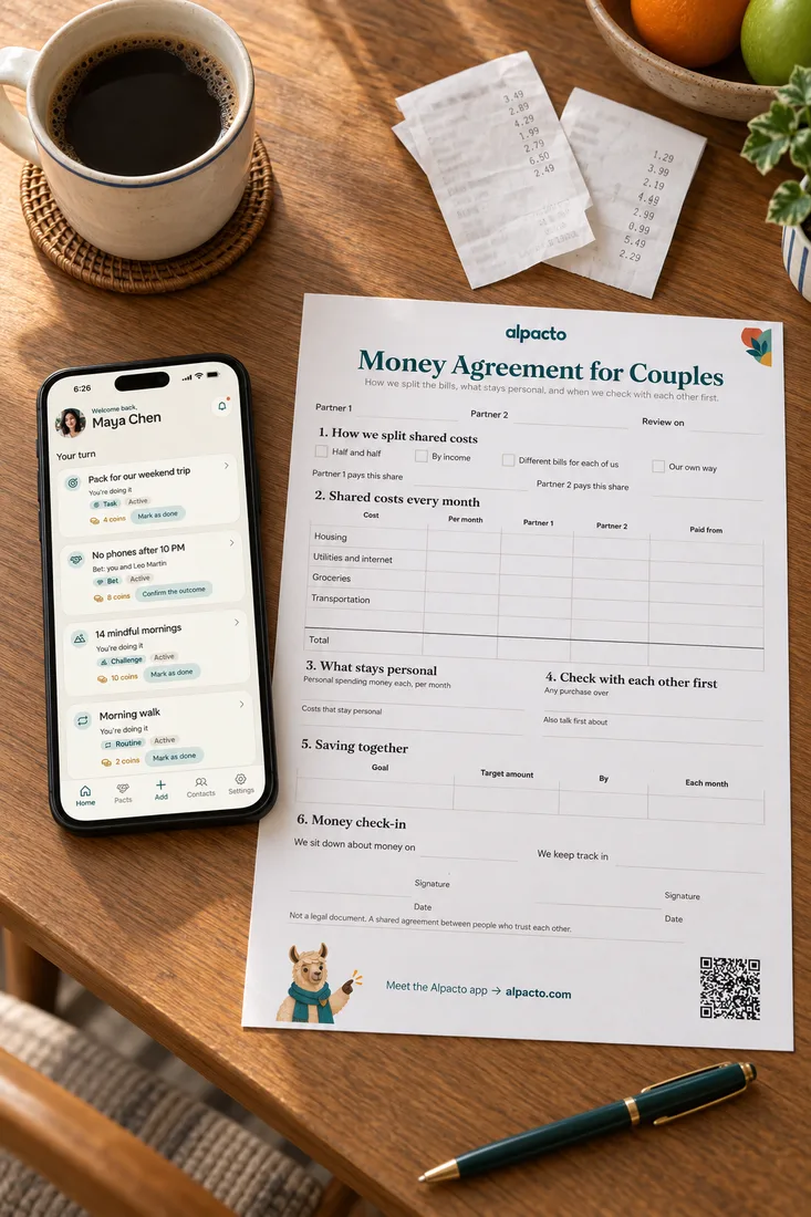 Splitwise alternative for a couple: grocery receipts, a blank Money Agreement for Couples sheet and a phone with the Alpacto home screen on a kitchen table