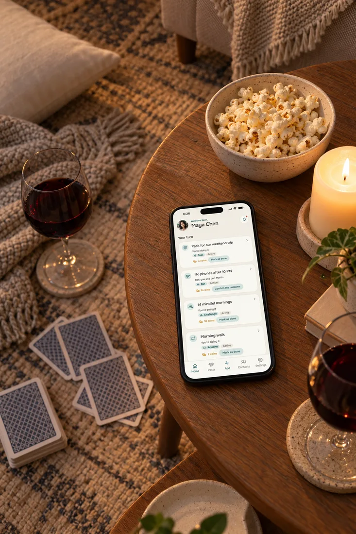 At home date night ideas set up on the living room floor: wine, popcorn, a candle, a deck of cards and a phone with the Alpacto home screen