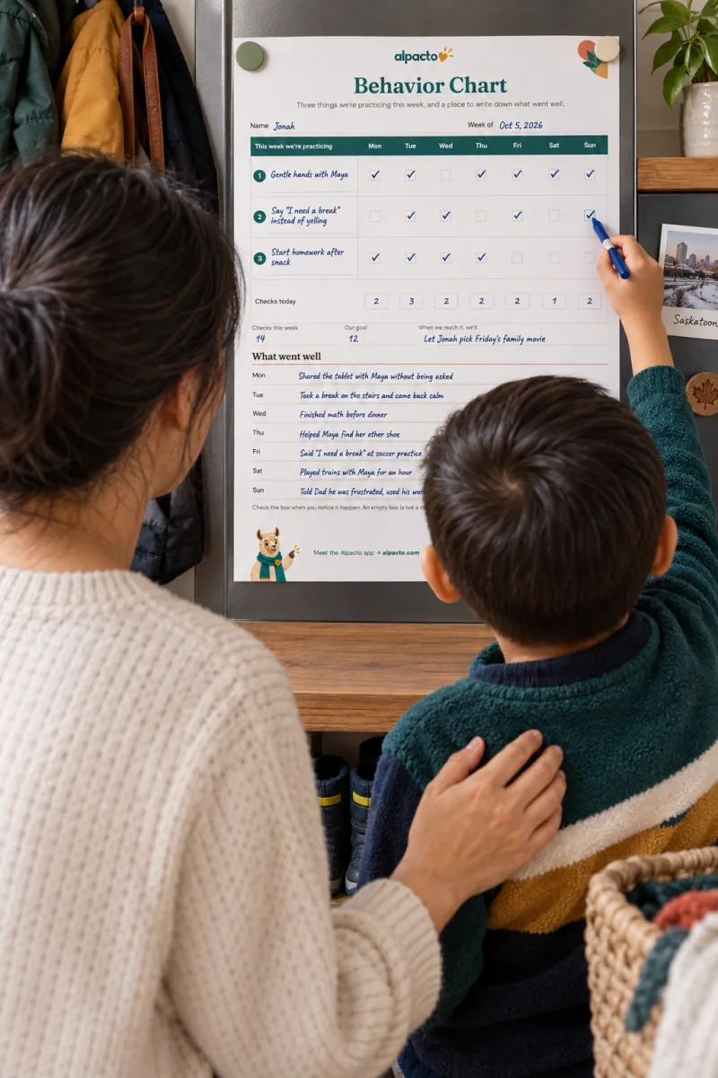 A boy checks Sunday's box on a filled-in behavior chart on a magnetic board while his mother watches, both seen from behind