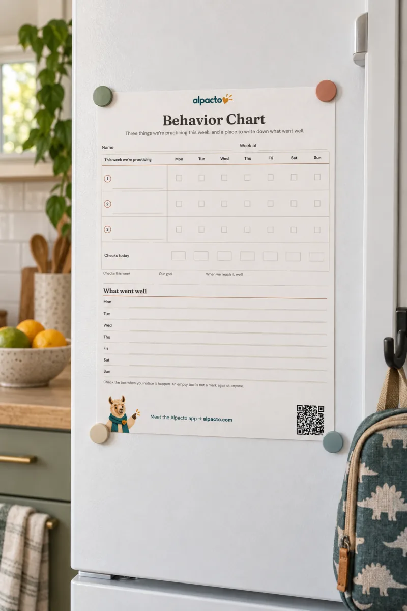 Blank behavior chart in the minimal design held by four magnets on a white refrigerator, a lunch bag on a hook nearby