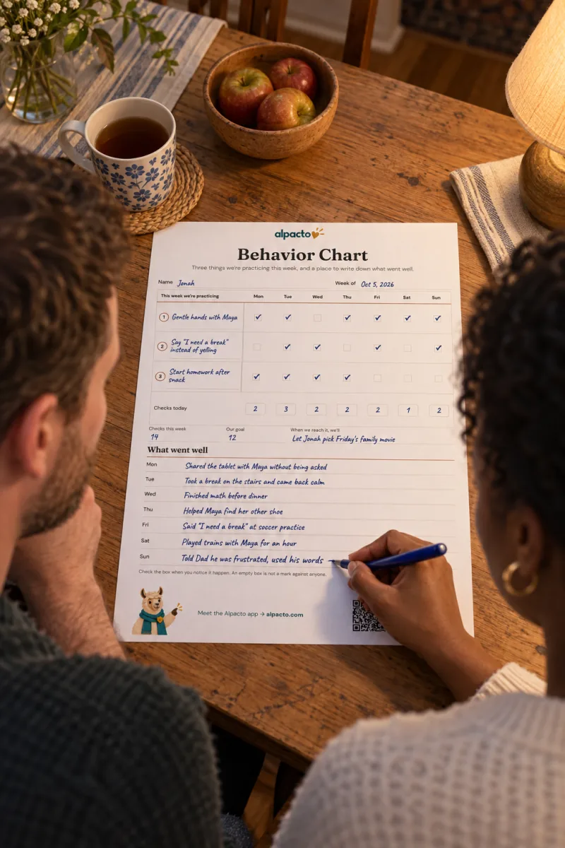 Two parents at a kitchen table in lamp light, the mother writing Sunday's line under What went well on the filled-in behavior chart