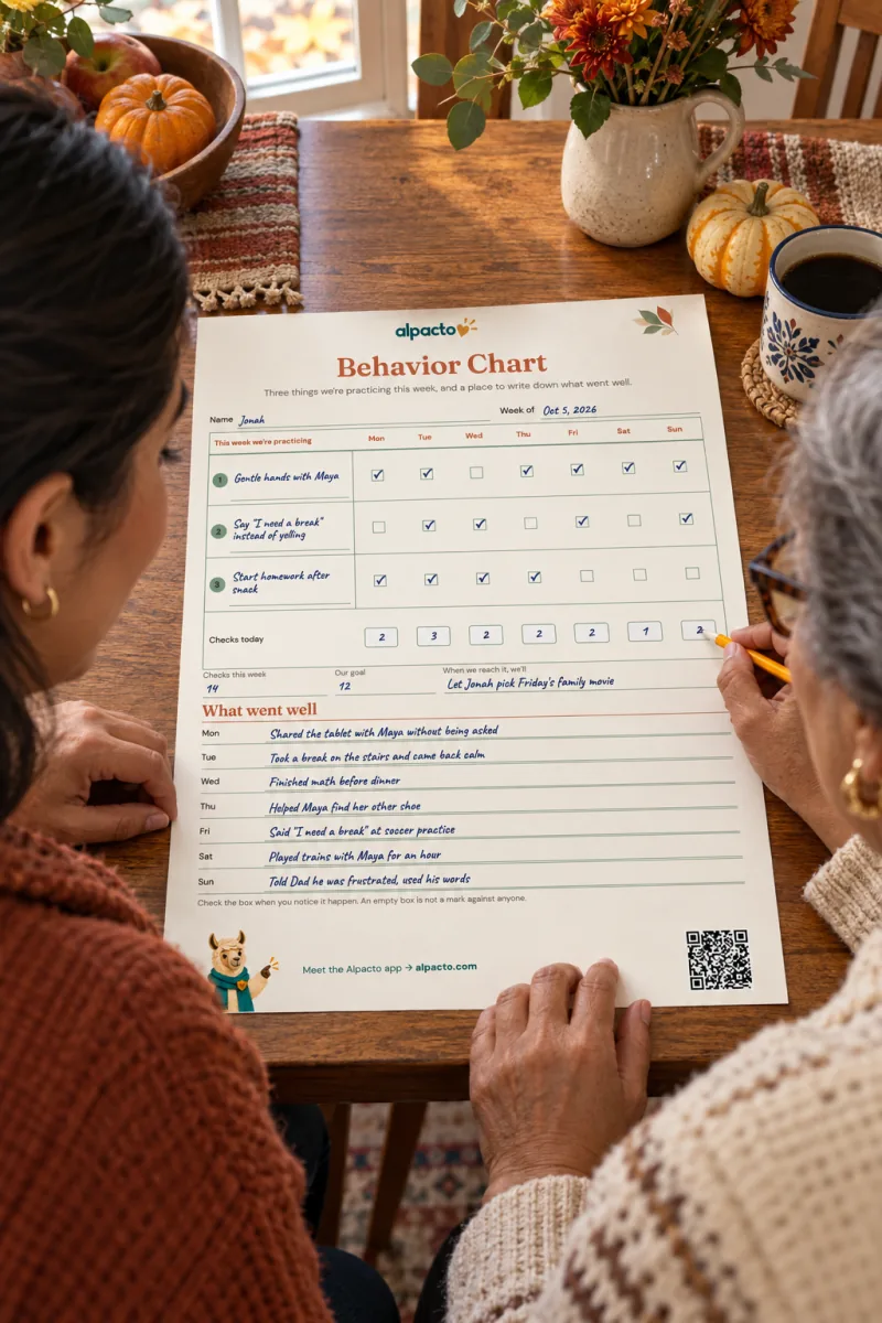A grandmother adds up the Checks today row with a pencil on the filled-in behavior chart, warm design, her daughter beside her