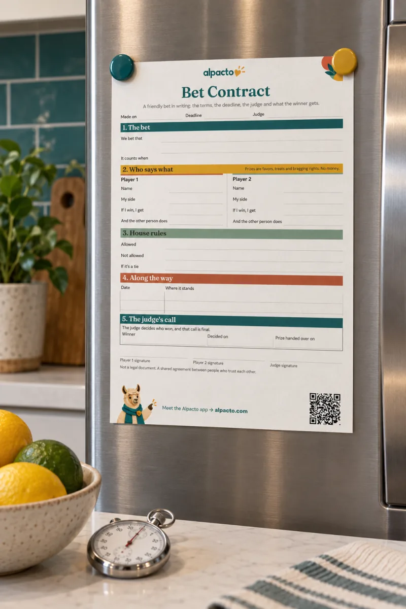 A blank printed contract for bet ideas for couples on a stainless fridge, a stopwatch on the counter below