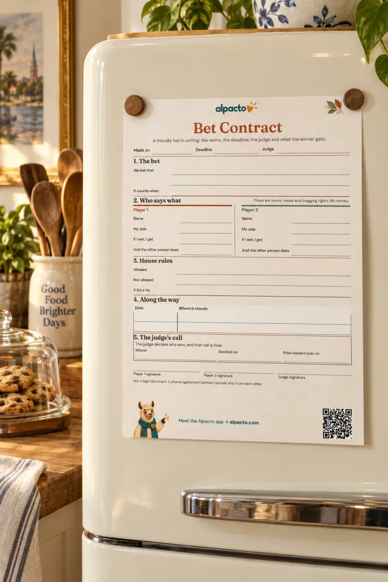 The warm design of the Bet Contract on a cream fridge next to a plate of cookies