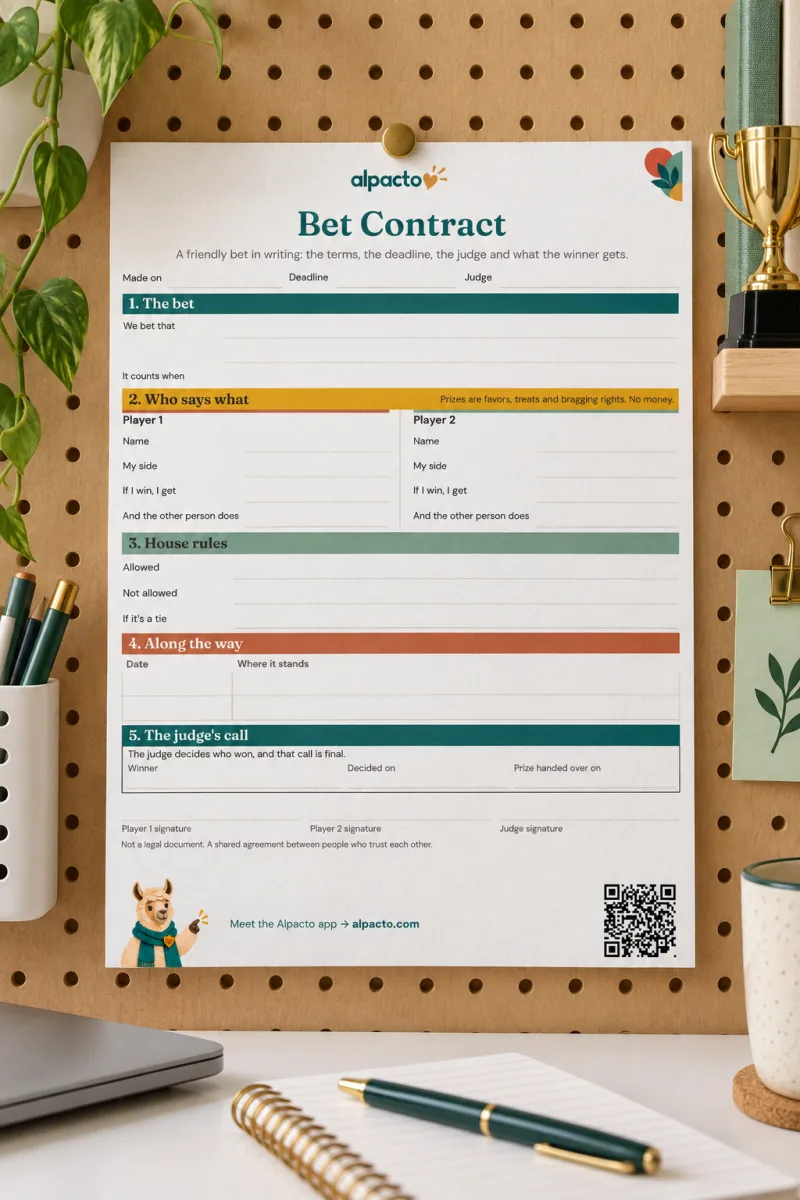 The color design of the Bet Contract pinned to a pegboard in a home office next to a small trophy