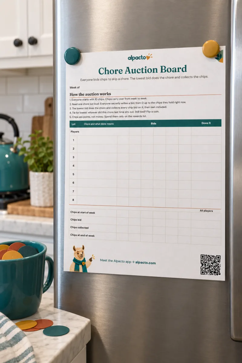 Chore auction board on a fridge door, with a mug of paper chips on the counter