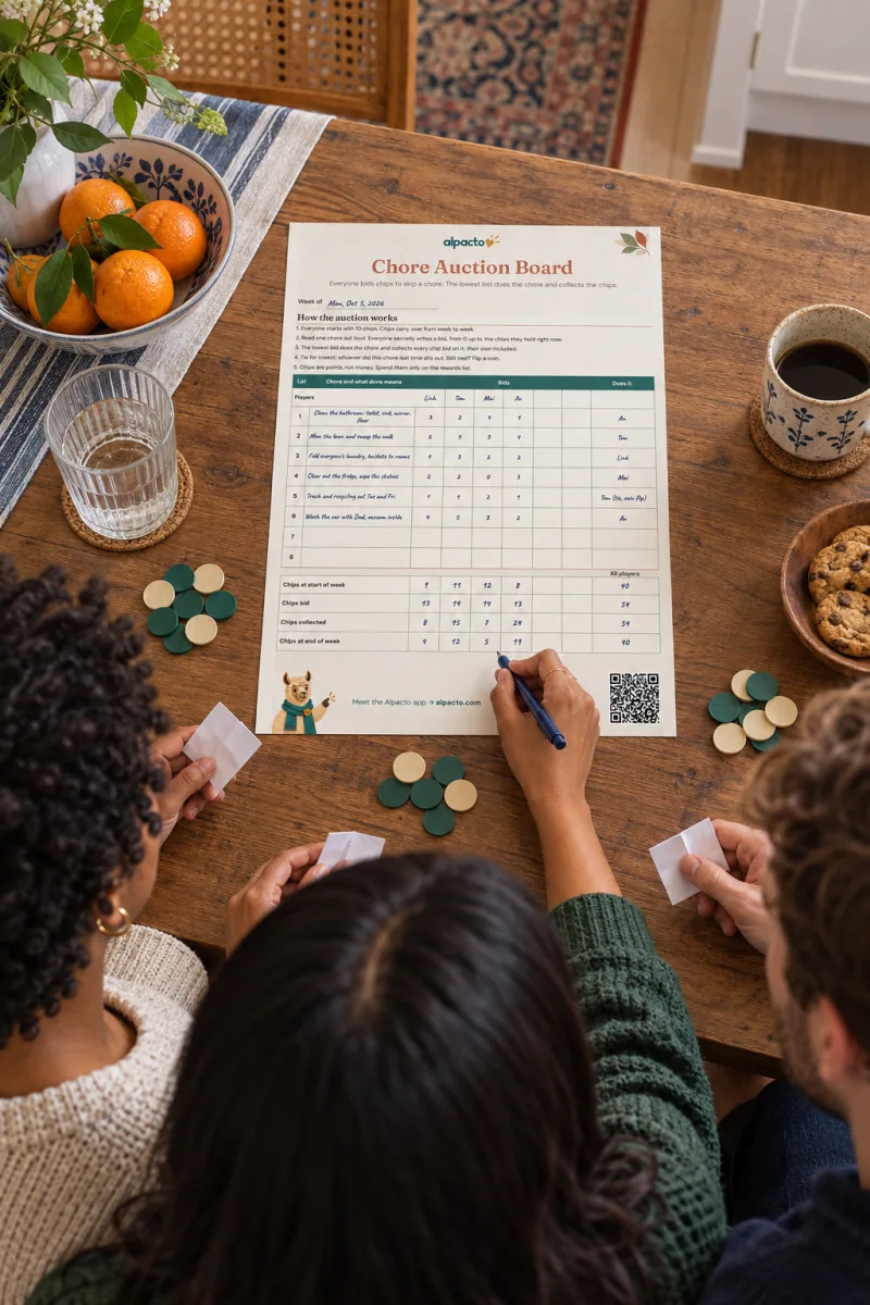 Three people at a table with folded bid slips and paper chips while one fills in the chore auction board