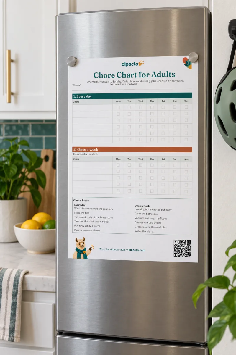 Chore chart for adults on a kitchen fridge: one week of daily chores and weekly jobs