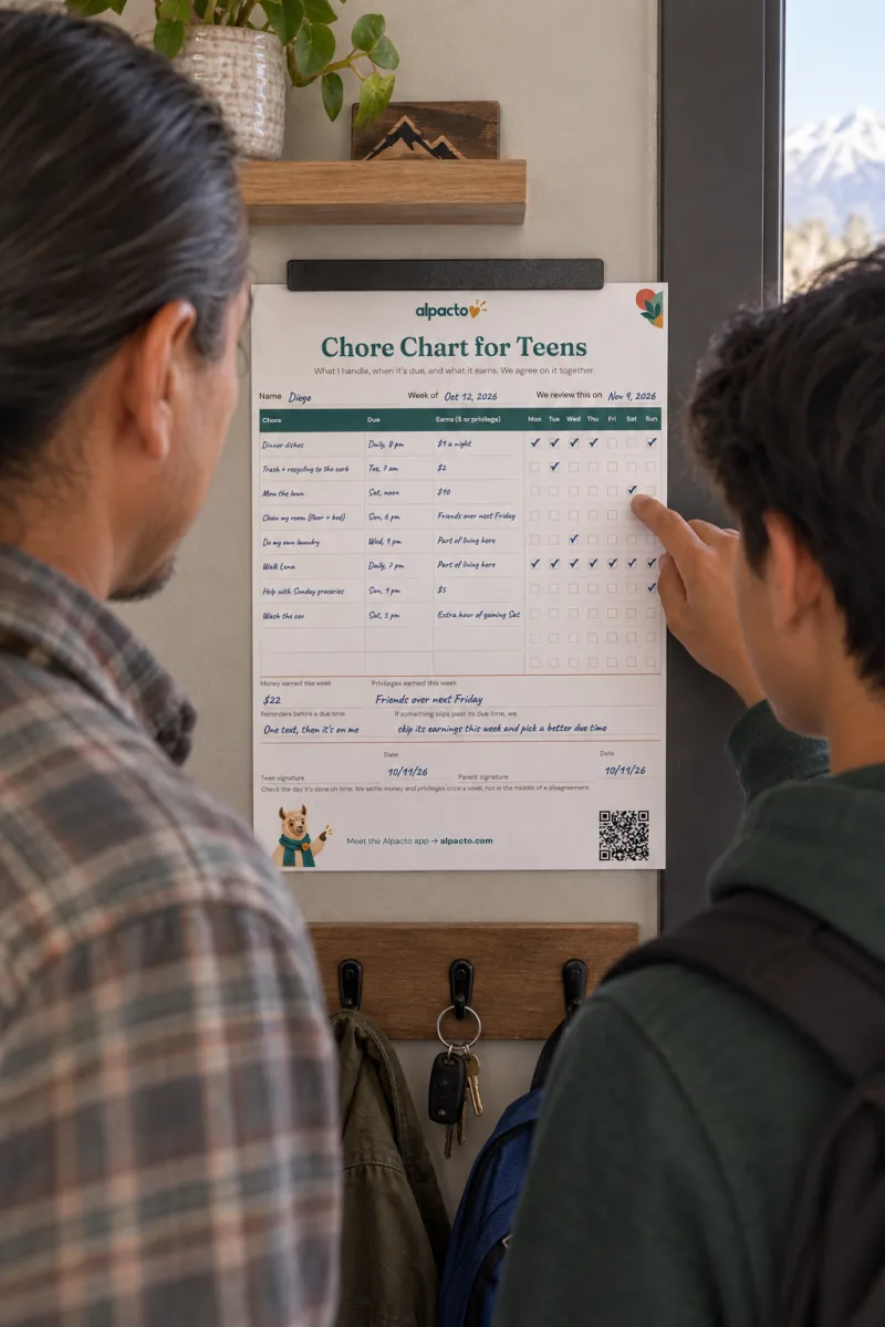 A father and his teenage son at the color chore chart for teens hung above a row of coat hooks, the son pointing at Saturday for Mow the lawn