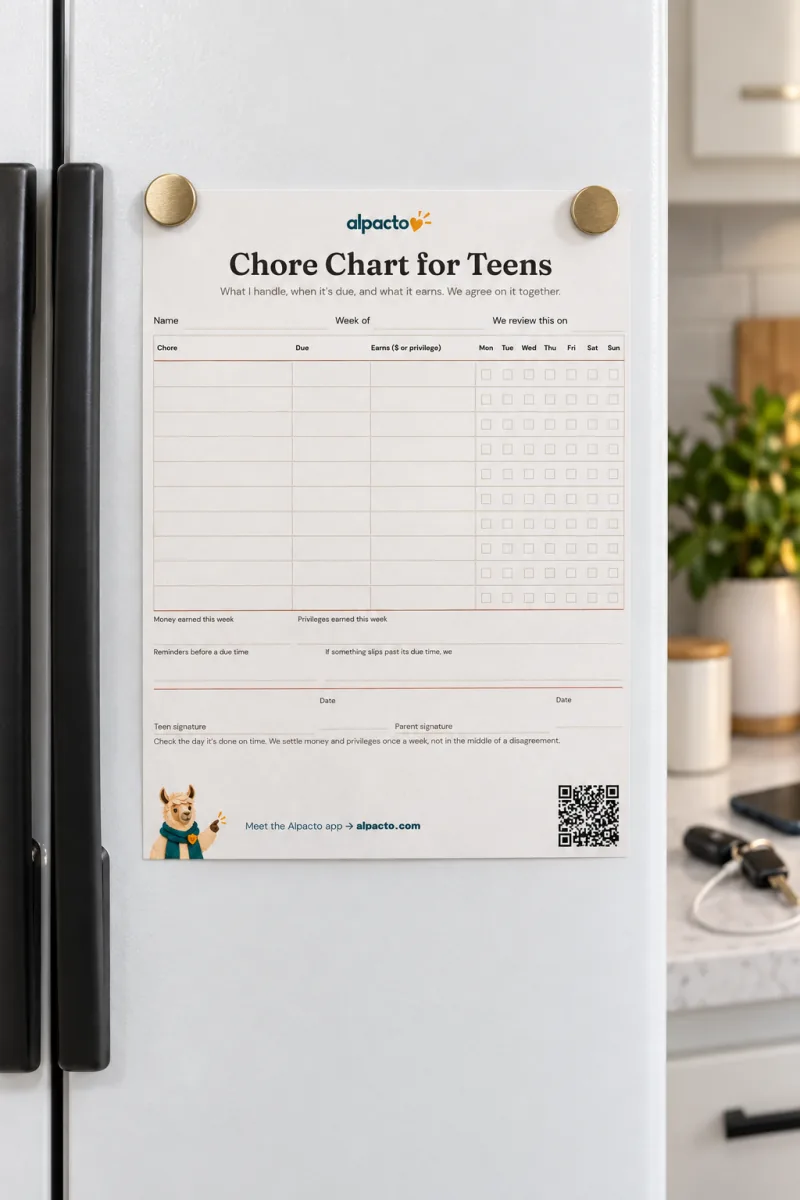 A blank chore chart for teenagers held by two brass magnets on a white refrigerator door