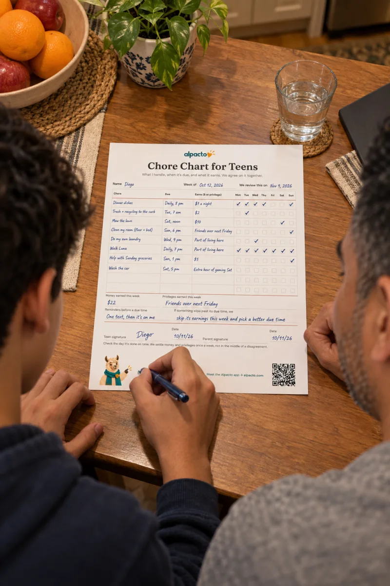 A teenage boy signs the filled-in chore chart for teens at a kitchen table while his father watches