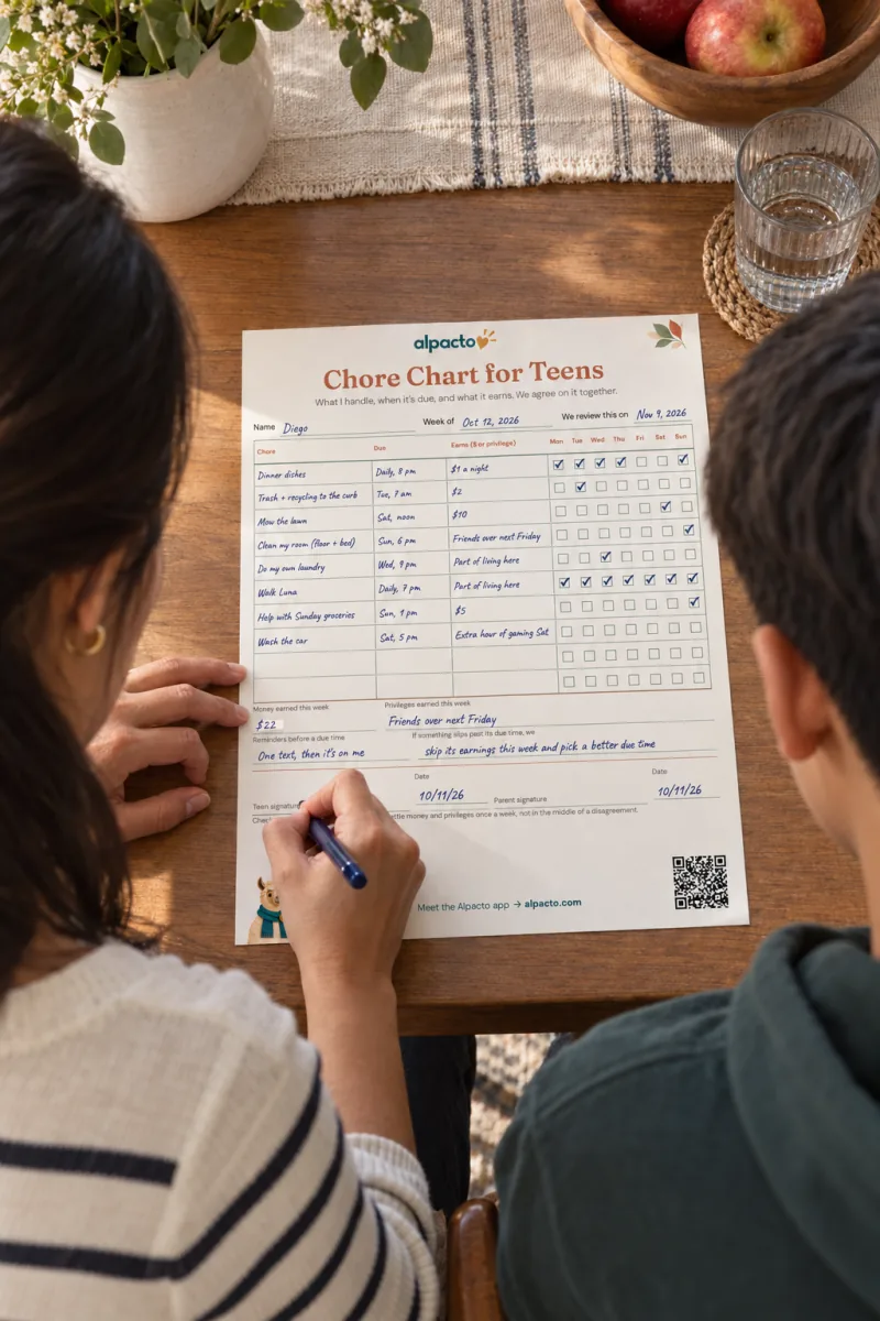 A mother and her teenage son go over the filled-in chore chart for teens at a dining table, with $22 in the weekly total