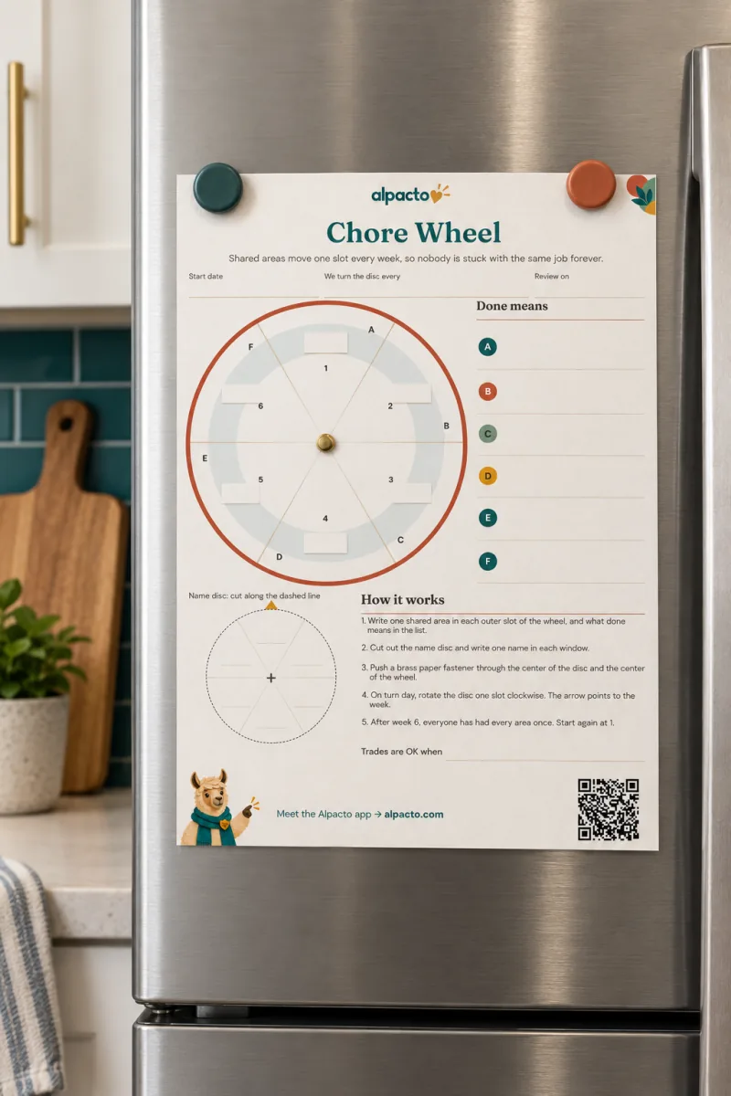 Blank chore wheel for six people on a stainless fridge, the name disc not yet cut out