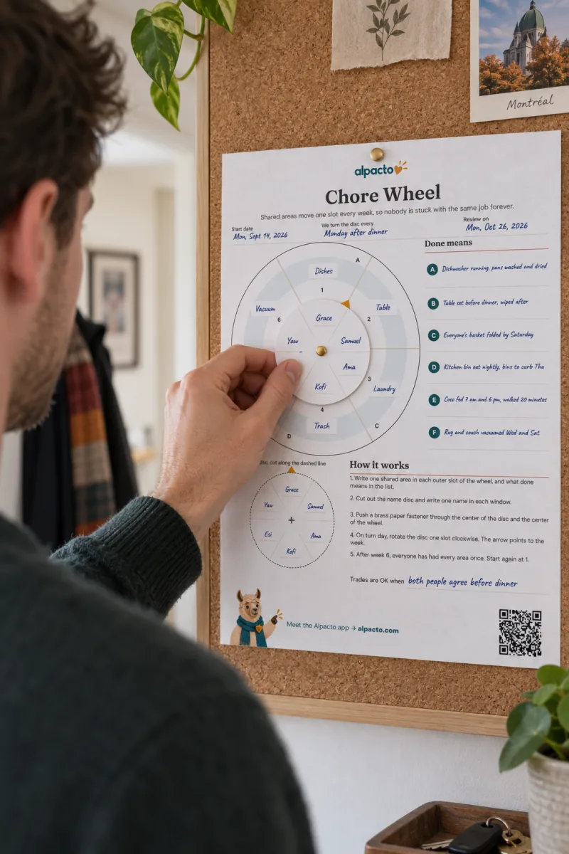 A man turning the fastened name disc on a sheet pinned to a cork board