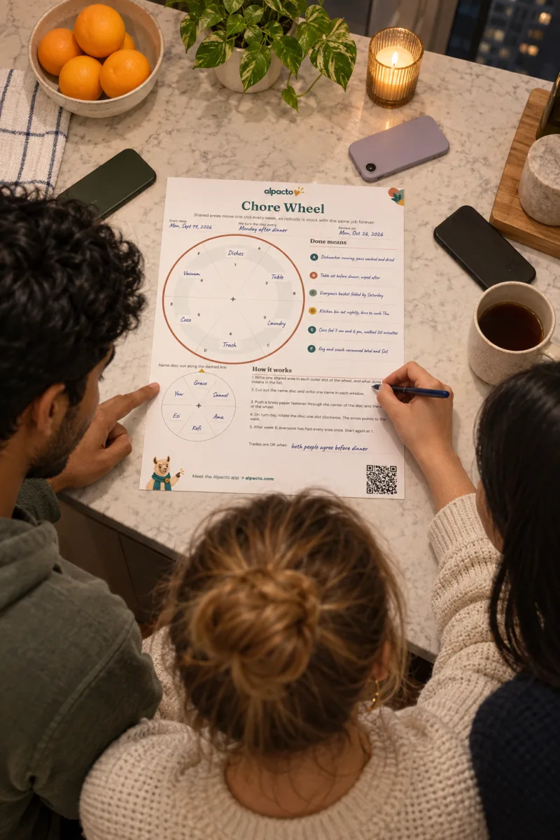 Three people at a kitchen island filling in the six-person chore wheel: six names on the disc and a done-means line for each area