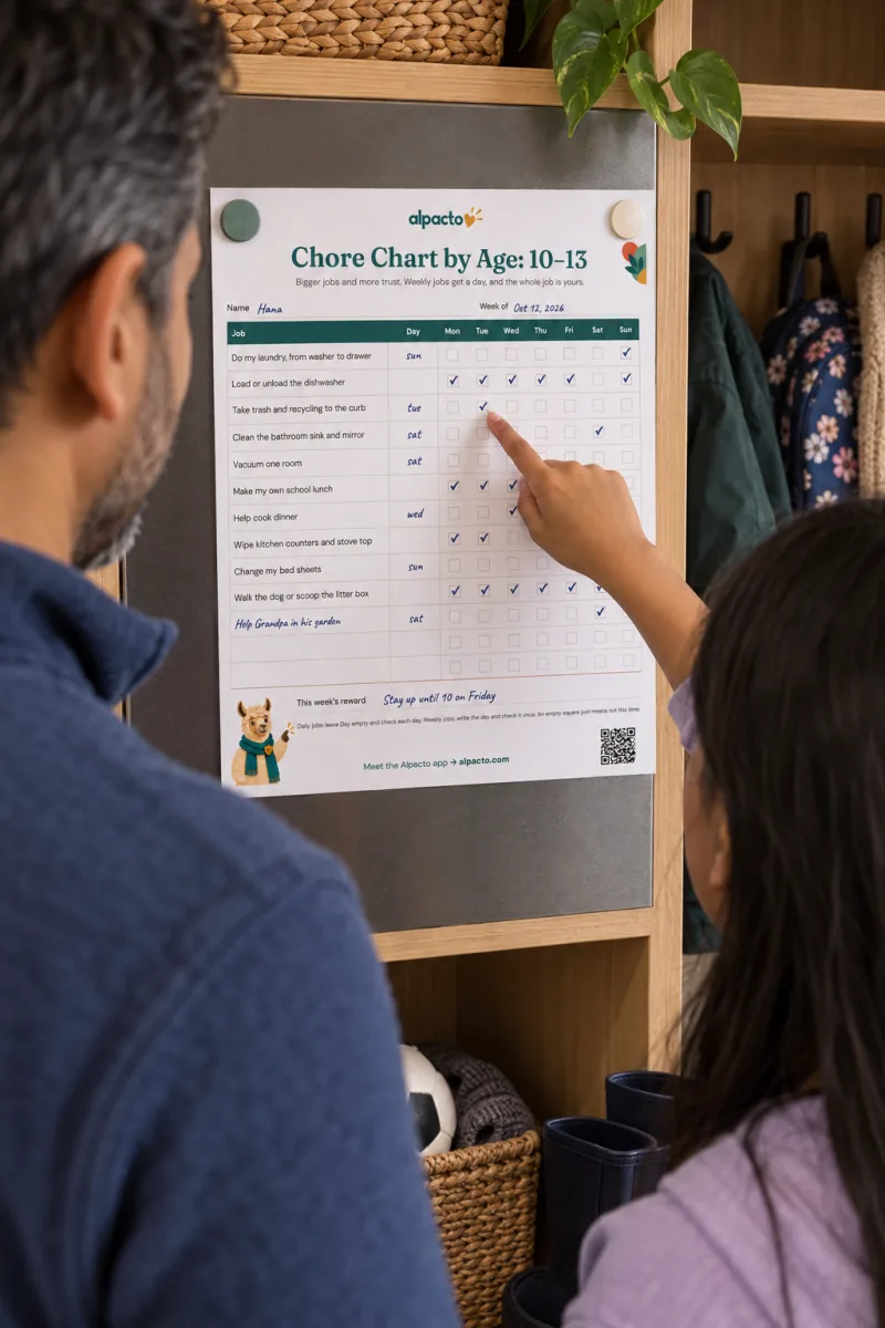 A girl pointing at this week&rsquo;s checks on the chore chart for ages 10 to 13, held by magnets on a board in the hallway, with a parent beside her