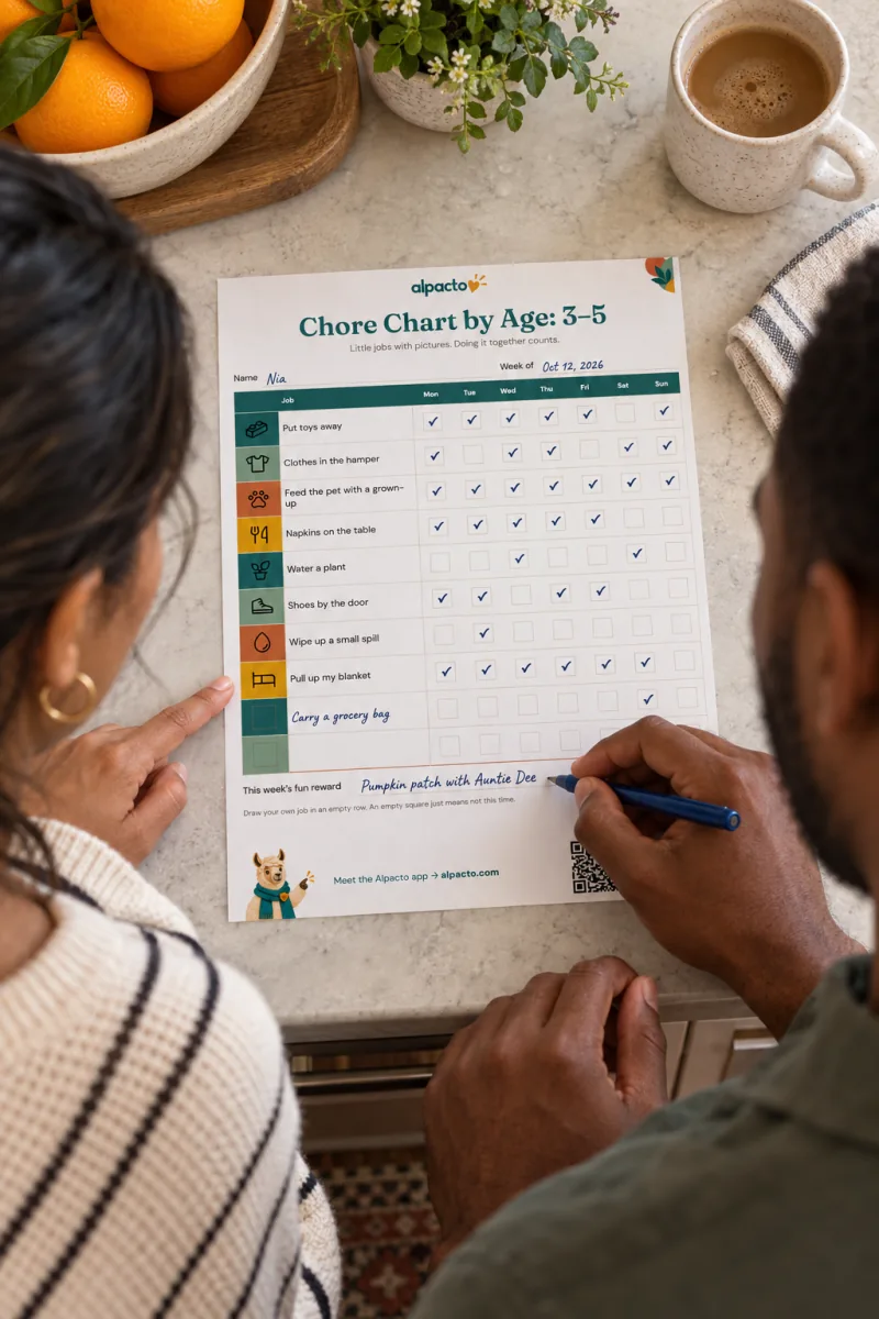 Two parents at a kitchen counter filling in the chores by age chart for ages 3 to 5, writing in this week&rsquo;s fun reward