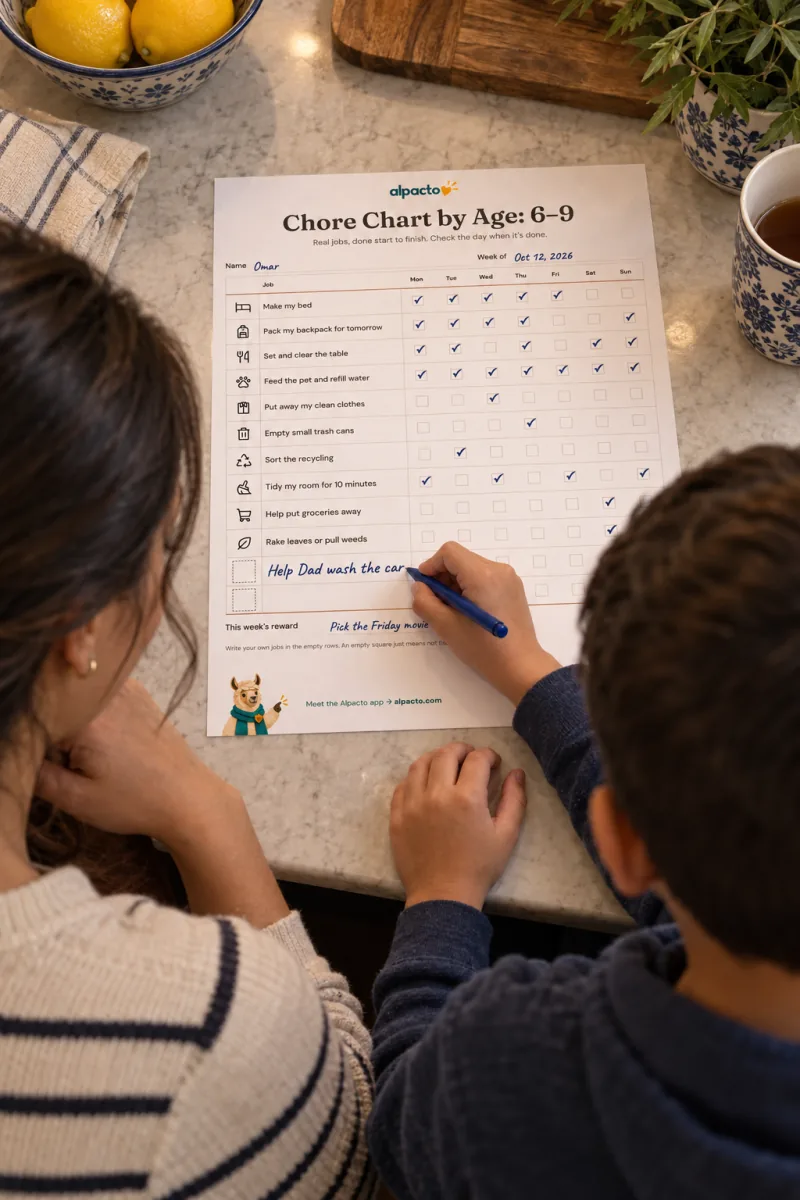 A boy writing his own job, Help Dad wash the car, into an empty row of the 6 to 9 chore chart