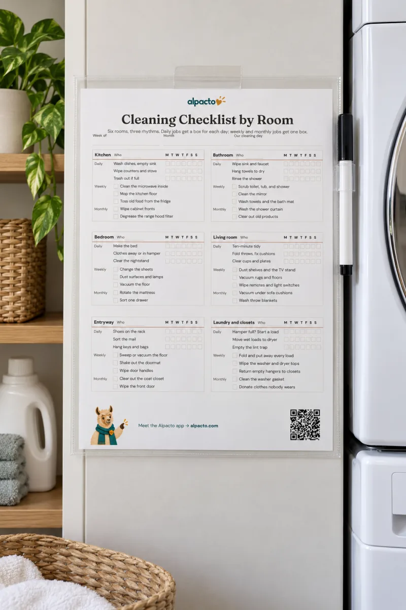 The cleaning checklist in a clear sleeve taped to a cabinet beside a washer, a dry-erase marker clipped to the edge