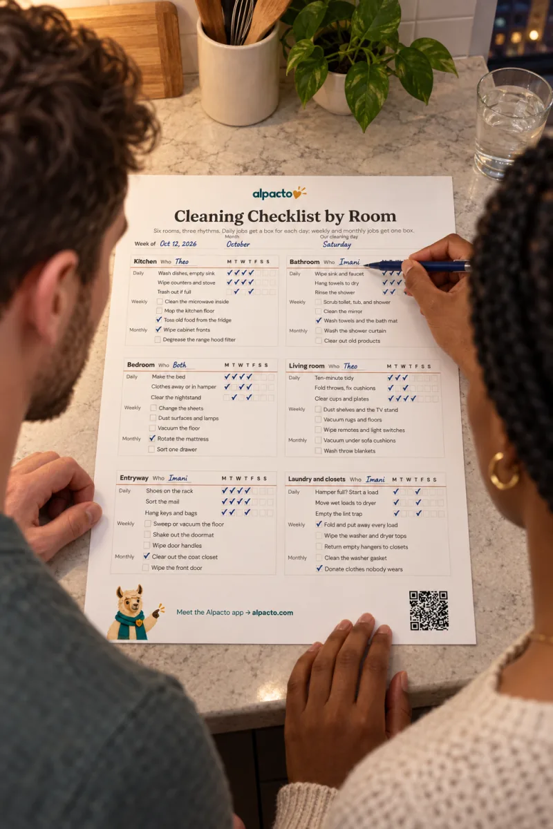 A couple at a kitchen counter filling in the cleaning checklist; she writes a name on the Who line of the Bathroom block